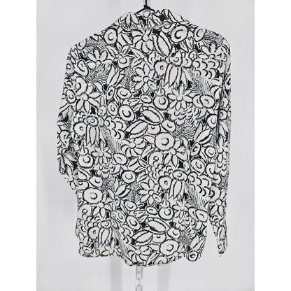 Lands End Womens 6 No Iron Supima Long Sleeve Button Up Top Black White Floral