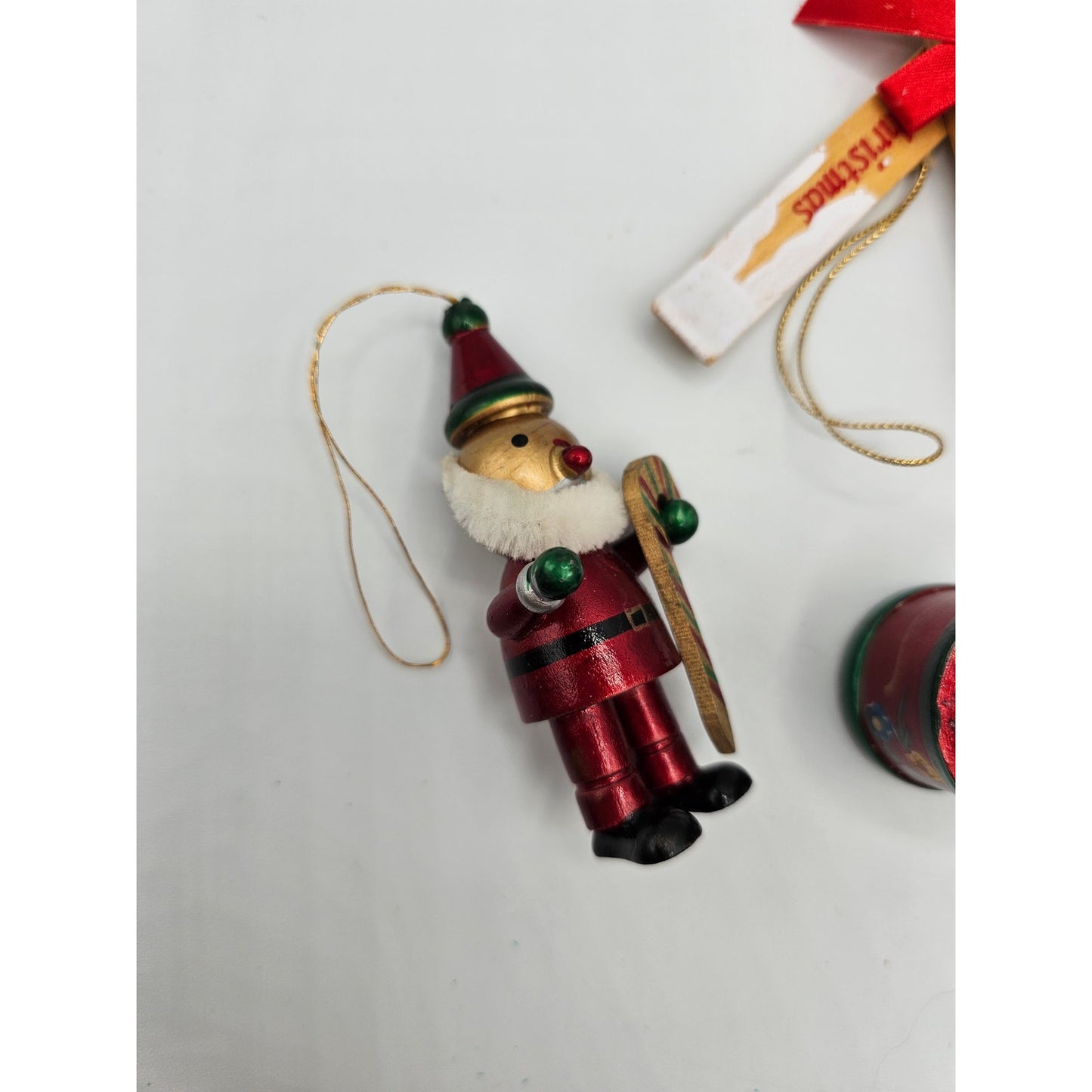 Lot of 5 Vintage Hand Painted Wooden Christas Ornaments Skis Tree Bell Metallic