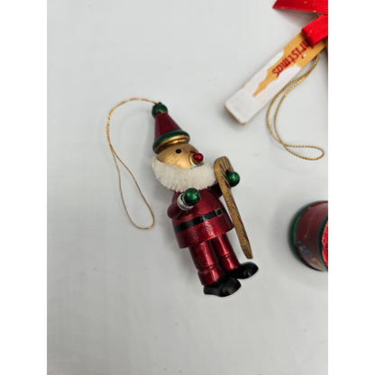 Lot of 5 Vintage Hand Painted Wooden Christas Ornaments Skis Tree Bell Metallic