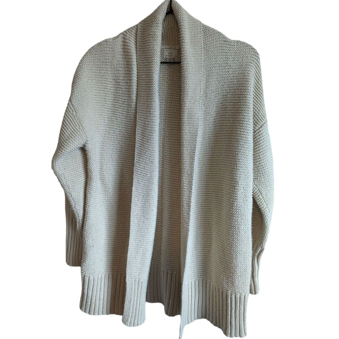 A New Day Womens Sz M Open Front Knit Cardigan Ivory Metallic Weave