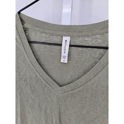 Athleta Womens Sz S Short Sleeve V Neck T Shirt Olive Green Loose Fit Athletic