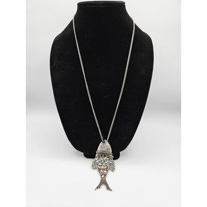 Vintage Fish Pendant Style Necklace Silver Tone Chain Inlay Stones