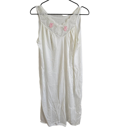 Vintage 1980s Womens Sz M Midi Length Nightgown Nylon White Pink Lace