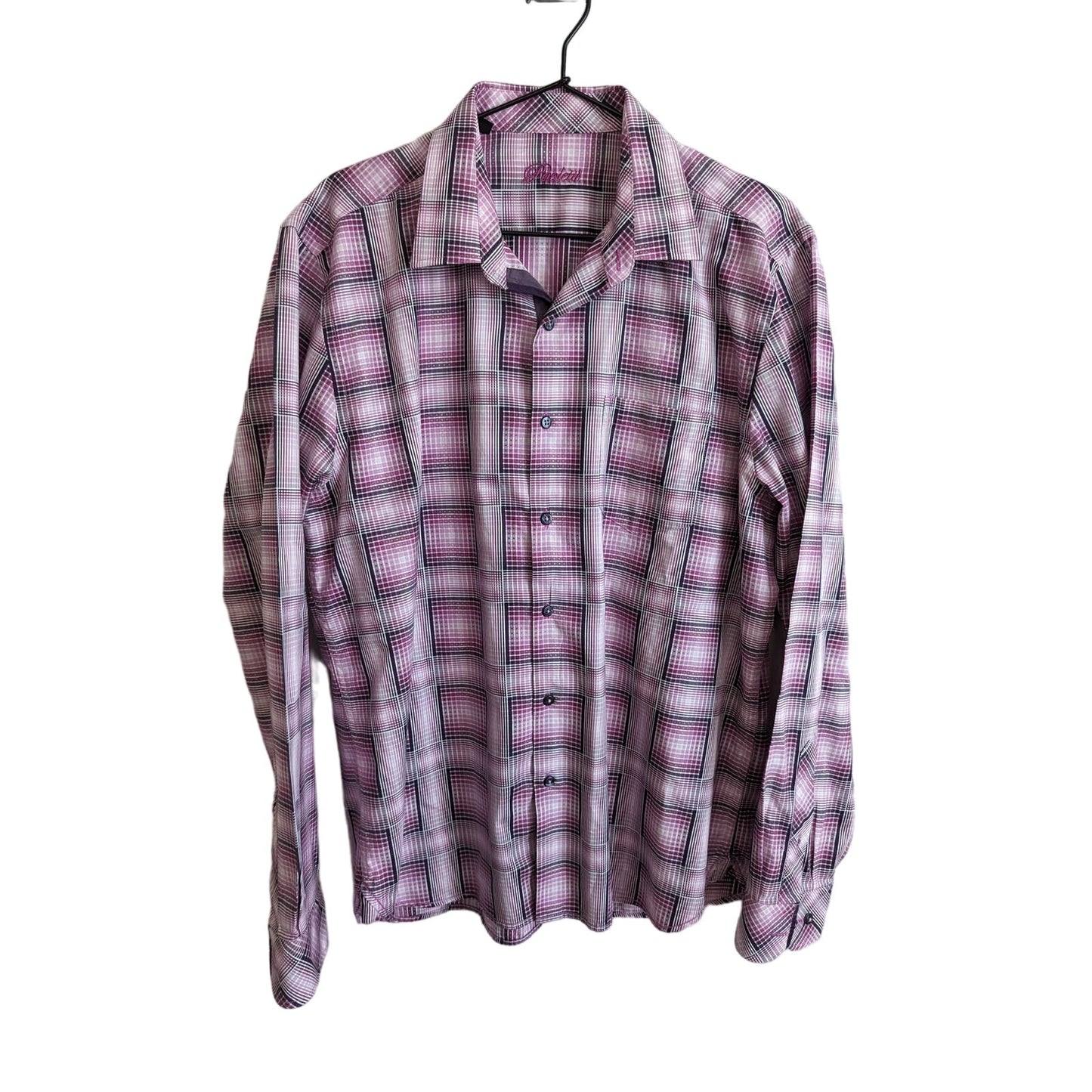 Paoletti Mens Sz L Long Sleeve Button Down Shirt Purple Plaid 100% Cotton