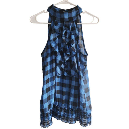 Heart Soul Womens Sz L Blue and Black Buffalo Plaid Tunic Top Ruffled