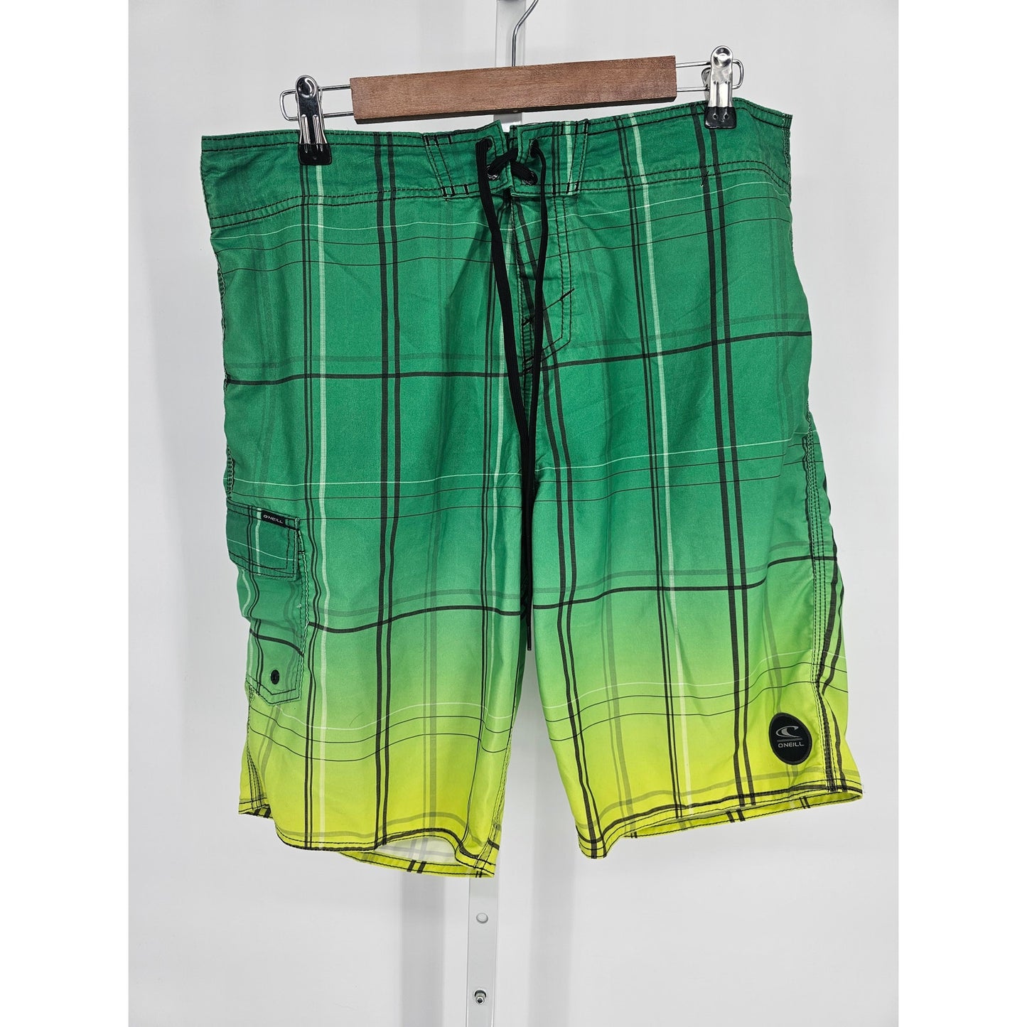 O'Neill Mens Sz 34 Board Shorts Swimsuit Trunks Green Yellow Plaid