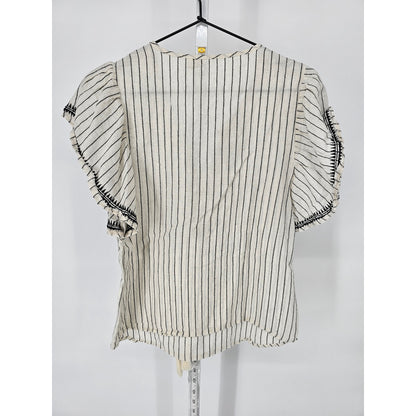 Solitaire Womens Sz S Short Sleeve Boho Top Cream Black Striped V Neck