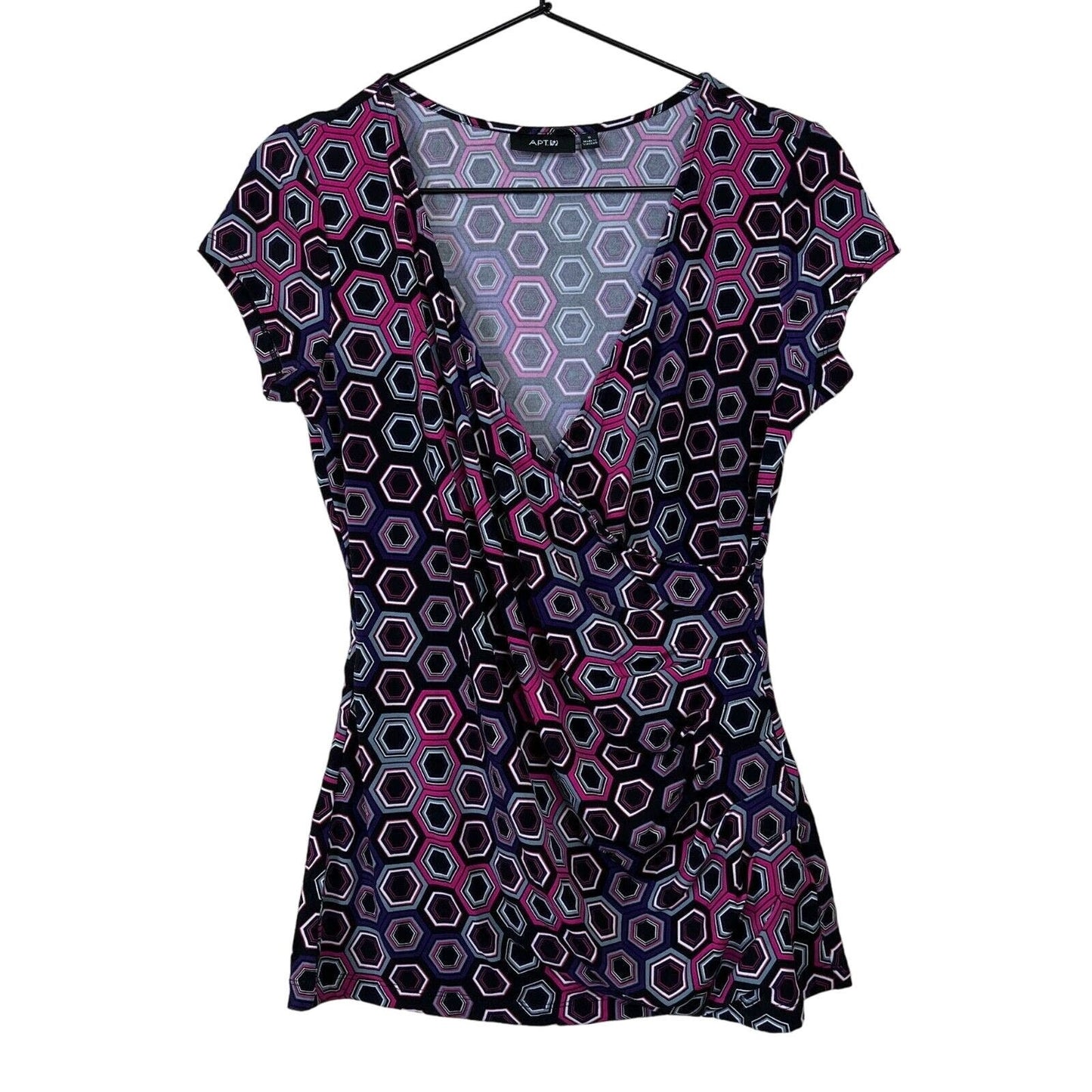 Apt 9 Womens Sz S Short Sleeve Wrap Style Blouse Black and Pink Geometric