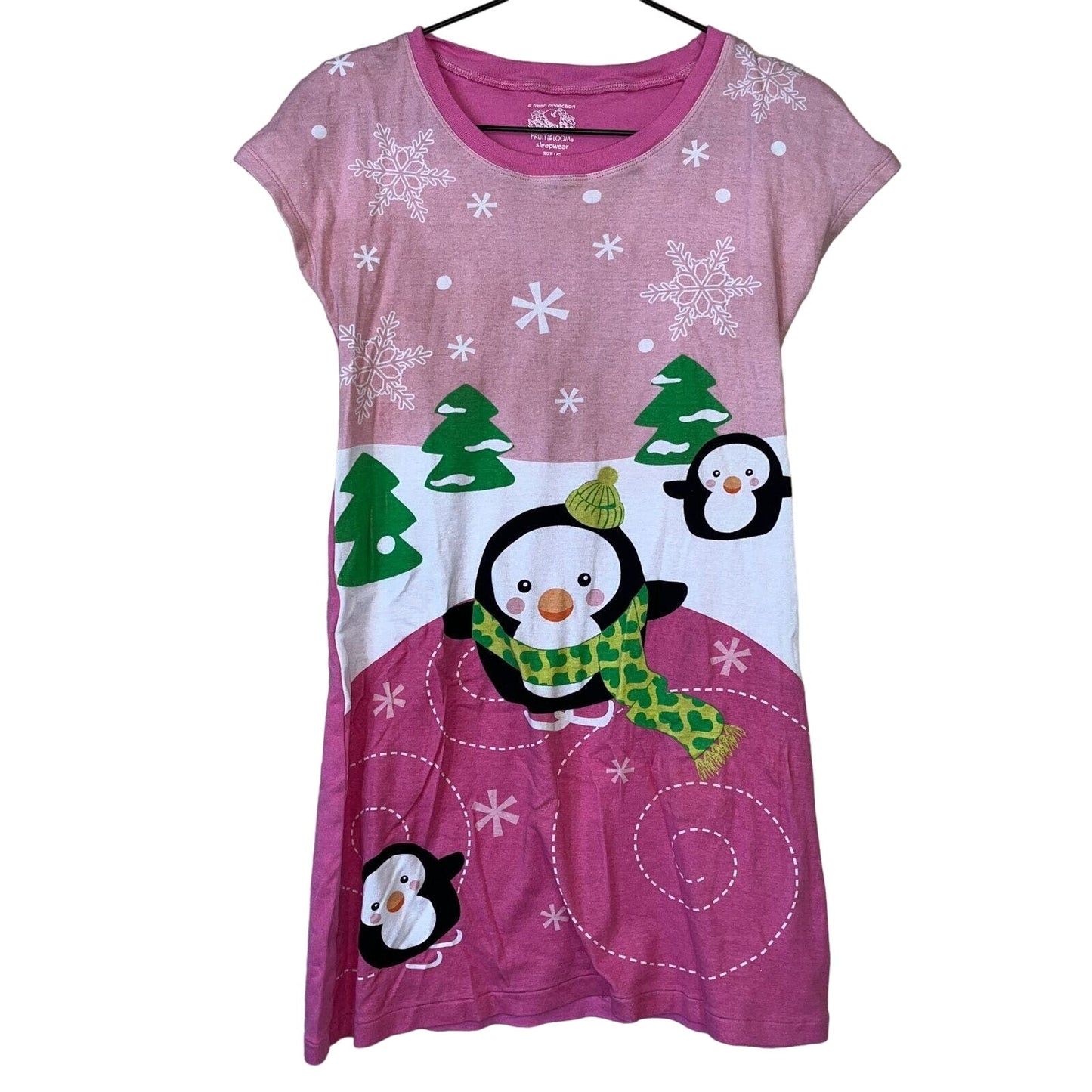 Fruit of the Loom Girls Sz L Short Sleeve Nightgown Pajamas Penguin Winter