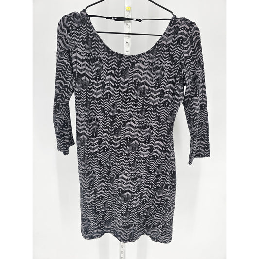 Nollie Womens Sz M 3/4 Sleeve Mini Dress Black Gray Feather Print Fitted