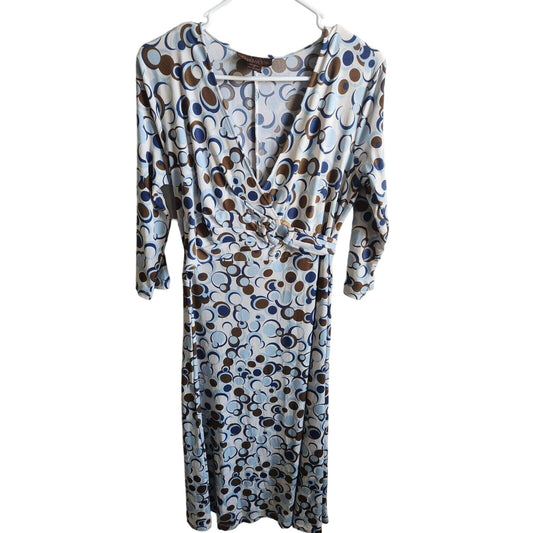 Vintage Chadwicks Womens Sz 6 Midi Length 3/4 Sleeve Dress White Blue Dots Caree