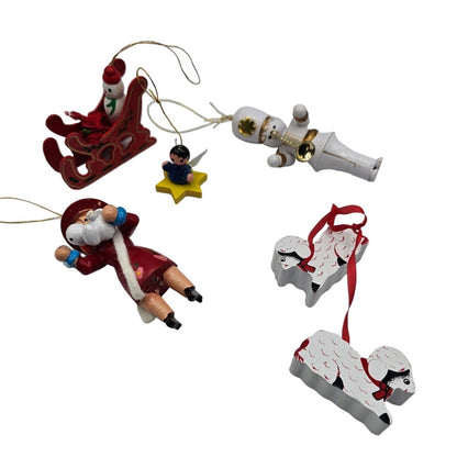 Lot of 5 Vintage Hand Painted Wooden Christas Ornaments Sleigh lamb Soldier
