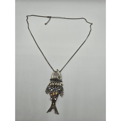 Vintage Fish Pendant Style Necklace Silver Tone Chain Inlay Stones