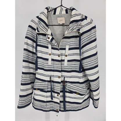 Ann Taylor LOFT Womens Sz M Cotton Navy White Striped Safari Jacket Coat