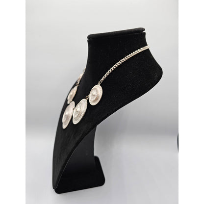 Vintage Light Silver Tone Metal Disc Style Statement Piece Necklace