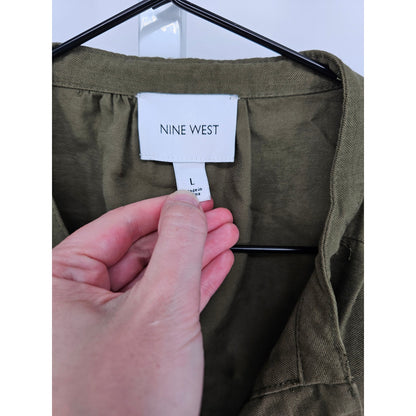 Nine West Womens Sz L Zip Up Safari Jacket Tab Sleeve Olive Green