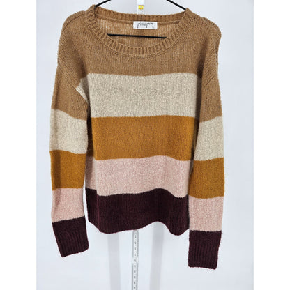 Jules and James Womens Sz L Crew Neck Sweater Fuzzy Striped Beige Neutral Tones