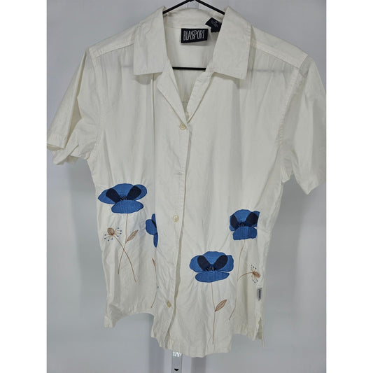 BLASSPORT Womens Sz M 100% Cotton Short Sleeve Button Up Shirt White Floral