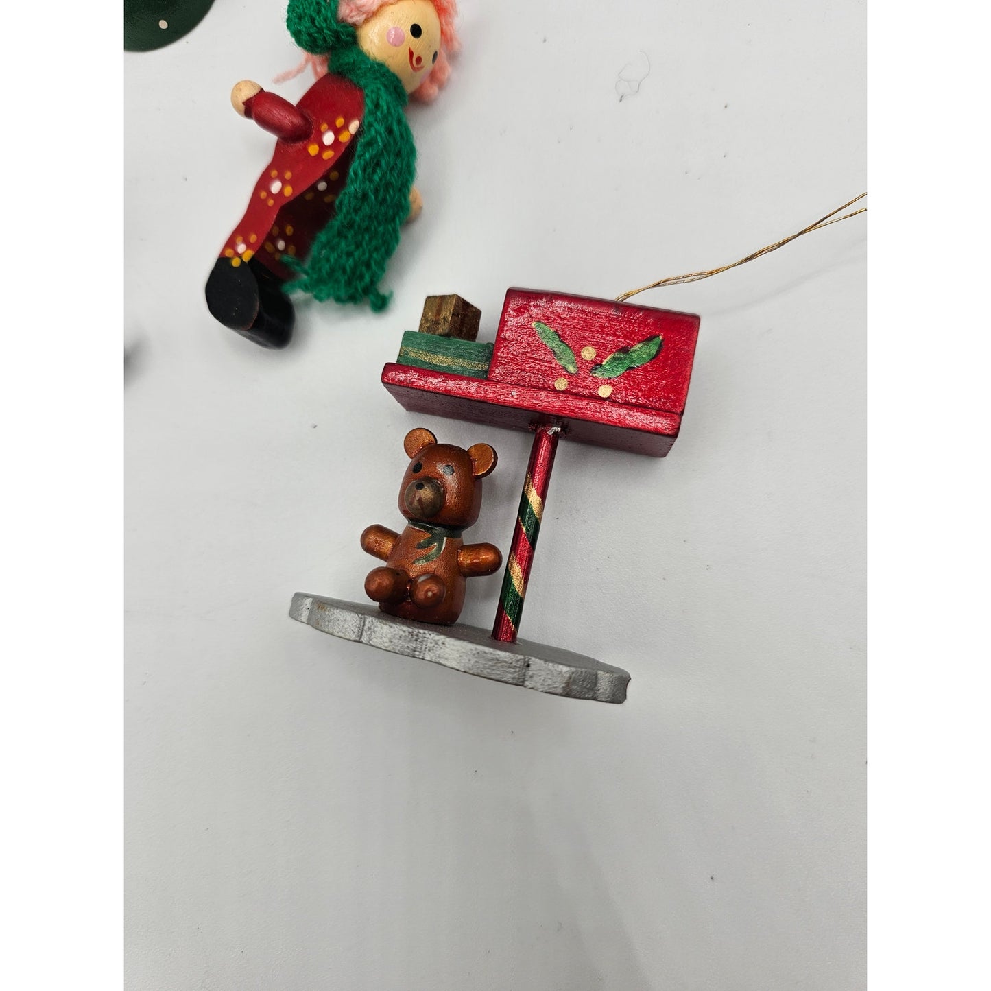 Lot of 5 Vintage Hand Painted Wooden Christas Ornaments Mail Box Sleigh Etc