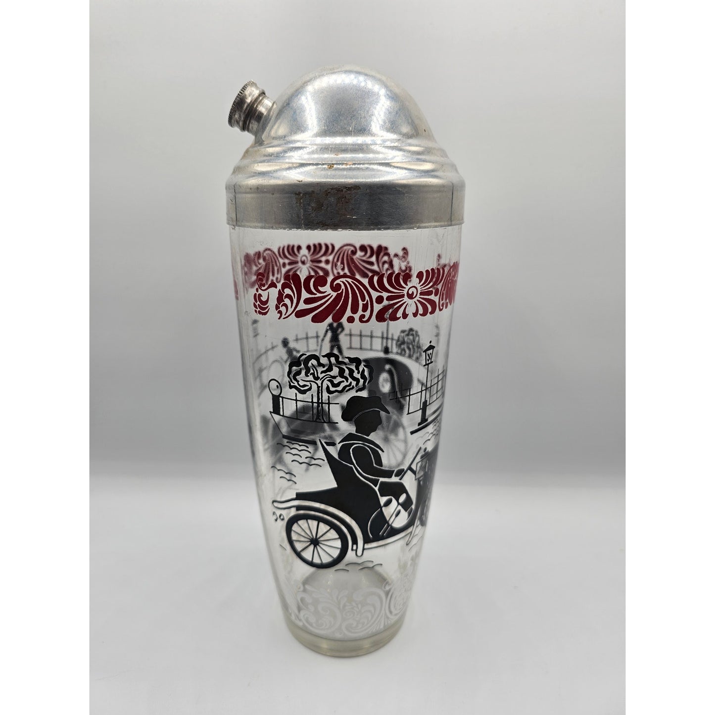 Vintage Mid Century Glass Cocktail Shaker MCM 1960s Red Black Equestrian