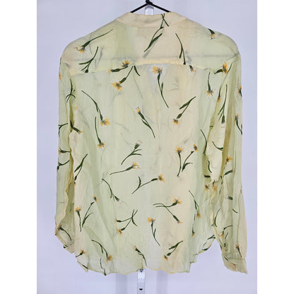 Dorothy Schoelen Platinum Womens Sz M Semi Sheer Button Up Blouse Yellow Floral