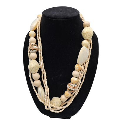 Vintage Mid Century Multi Strand Beaded Necklace Cream Ivory Boho