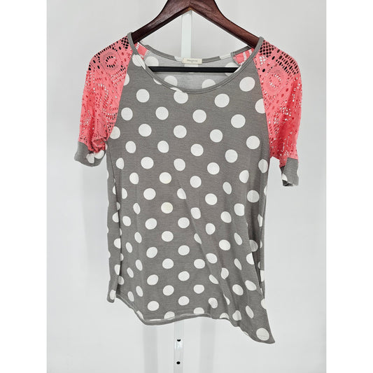 12PM by Mon Ami Womens Sz M short Sleeve T Shirt Polka Dot Crochet Sleeve