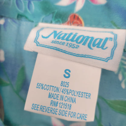 Vintage National Womens Sz S House Dress Nightgown Muu Muu Blue Butterfly Print