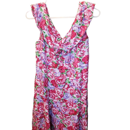 The Eagles Eye Womens Sz 12 Bright Floral Dress Midi Pink Linen Blend Vintage