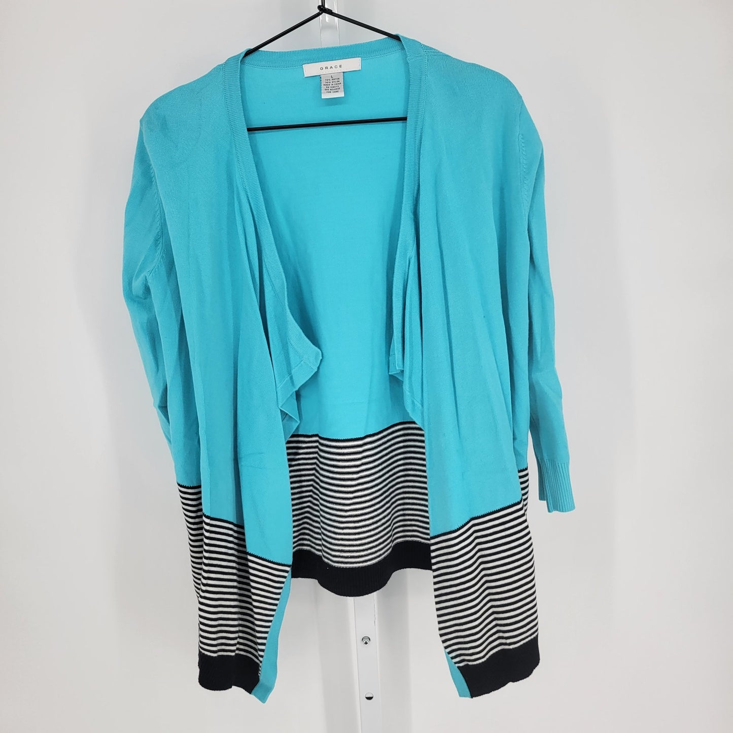 Grace Womens Sz L Open Front Cardigan Sweater Bright Blue Black White Striped