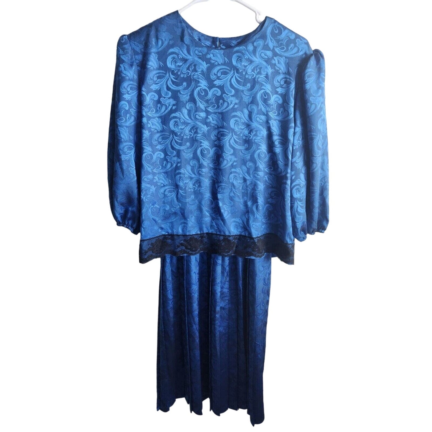 Vintage 1970s Tina Barrie Womens Sz L Formal Dress Blue Satin Floral