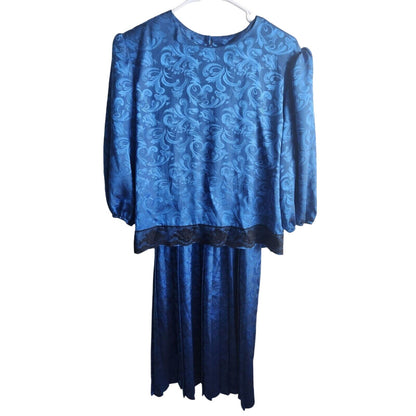 Vintage 1970s Tina Barrie Womens Sz L Formal Dress Blue Satin Floral