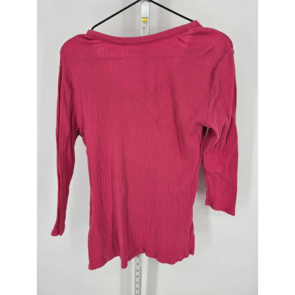 White Stag Womens Sz L 3/4 Sleeve Ribbed Shirt Dark Pink V Neck