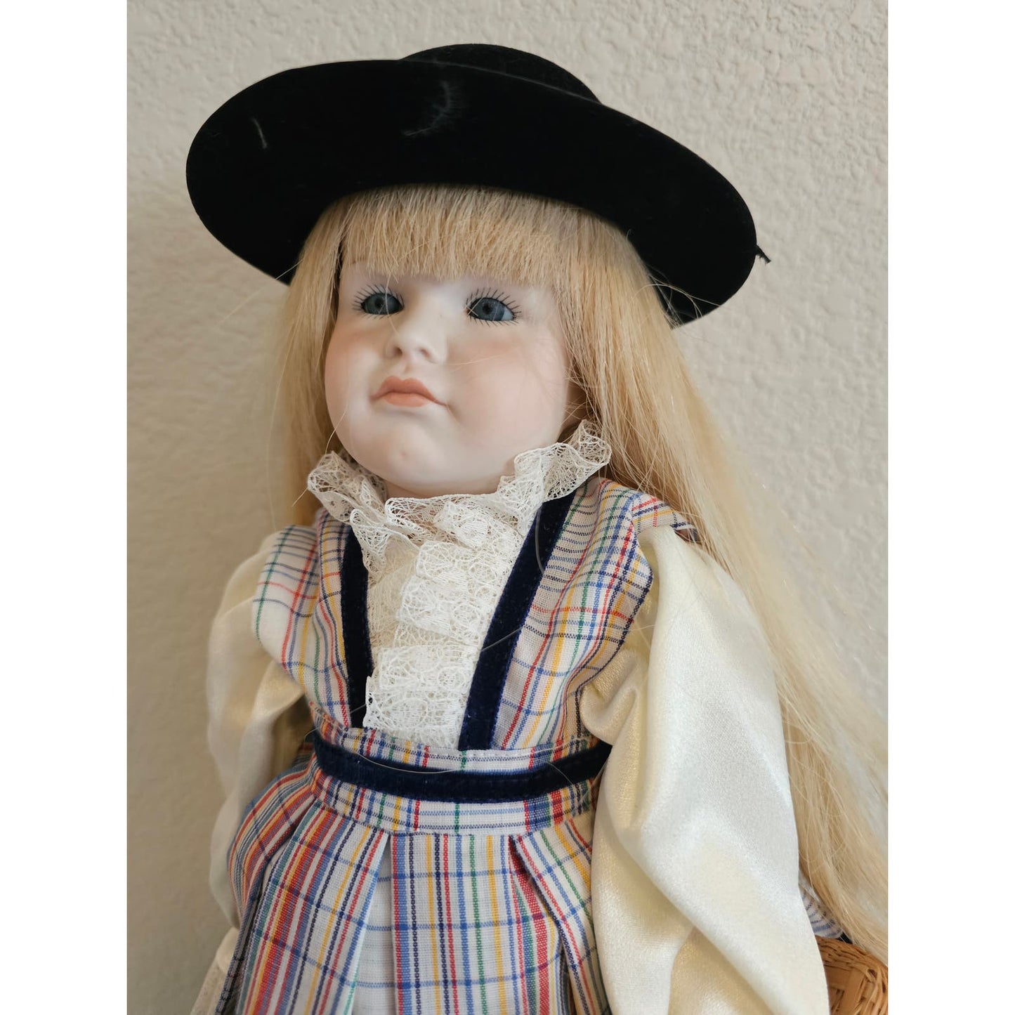 Vintage 1990s Porcelain Doll Straight Blonde Hair Picnic Basket Plaid Dress