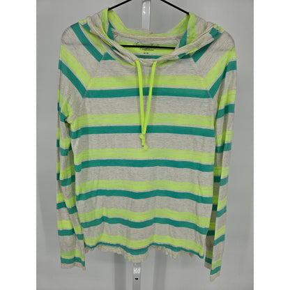 American Eagle Womens Sz M Lightweight Hoodie Neon Green Gray Striped