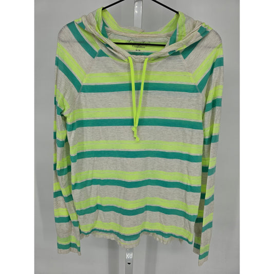 American Eagle Womens Sz M Lightweight Hoodie Neon Green Gray Striped