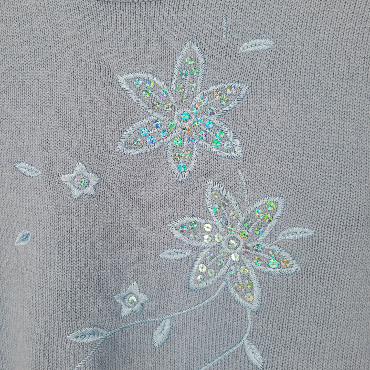 Vintage Haband Womens Sz S Thick Knit Blouse Light Blue Embroidered Floral