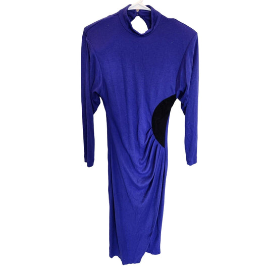Vintage 1980s Womens Sz S Midi Sweater Dress Long Sleeve Blue Keyhole Back
