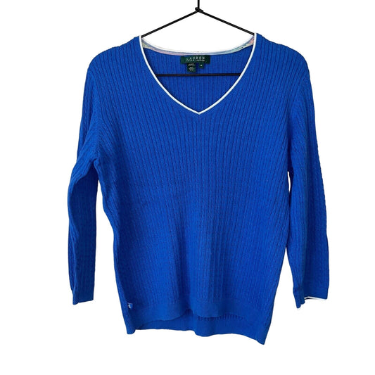 Lauren Ralph Lauren Womens Sz M 100% Cotton Blue V Neck Sweater