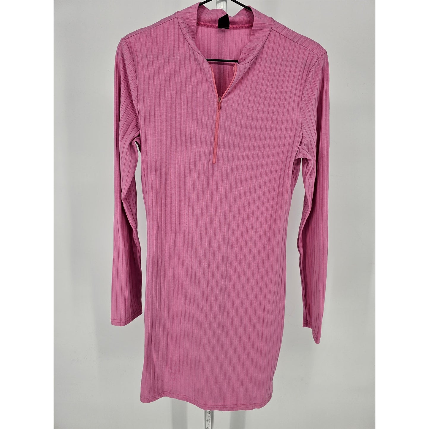 Shein Womens Sz L Long Sleeve Mini Dress Bubblegum Pink Barbiecore Ribbed