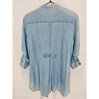 Style & Co Womens Sz M Ombre Chambray Cotton Blouse Blue Embellished Neckline