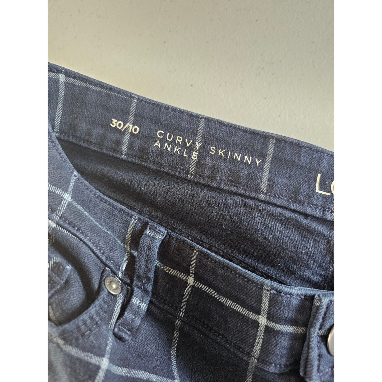 Ann Taylor Loft womens Sz 10 (30") Curvy Skinny Ankle Windowpane Pants Navy