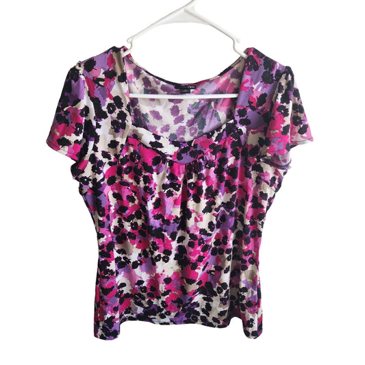 East 5th Womens Sz M Short Sleeve Blouse Pink Purple Abstract Print