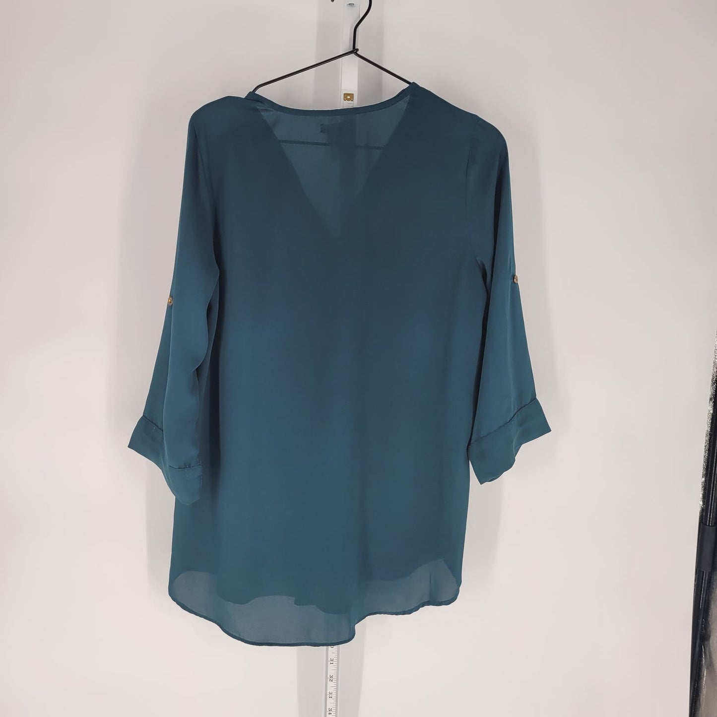 Mirasol Womens Sz M 3/4 Sleeve Dark Teal Blue Blouse Zip Front Flowy