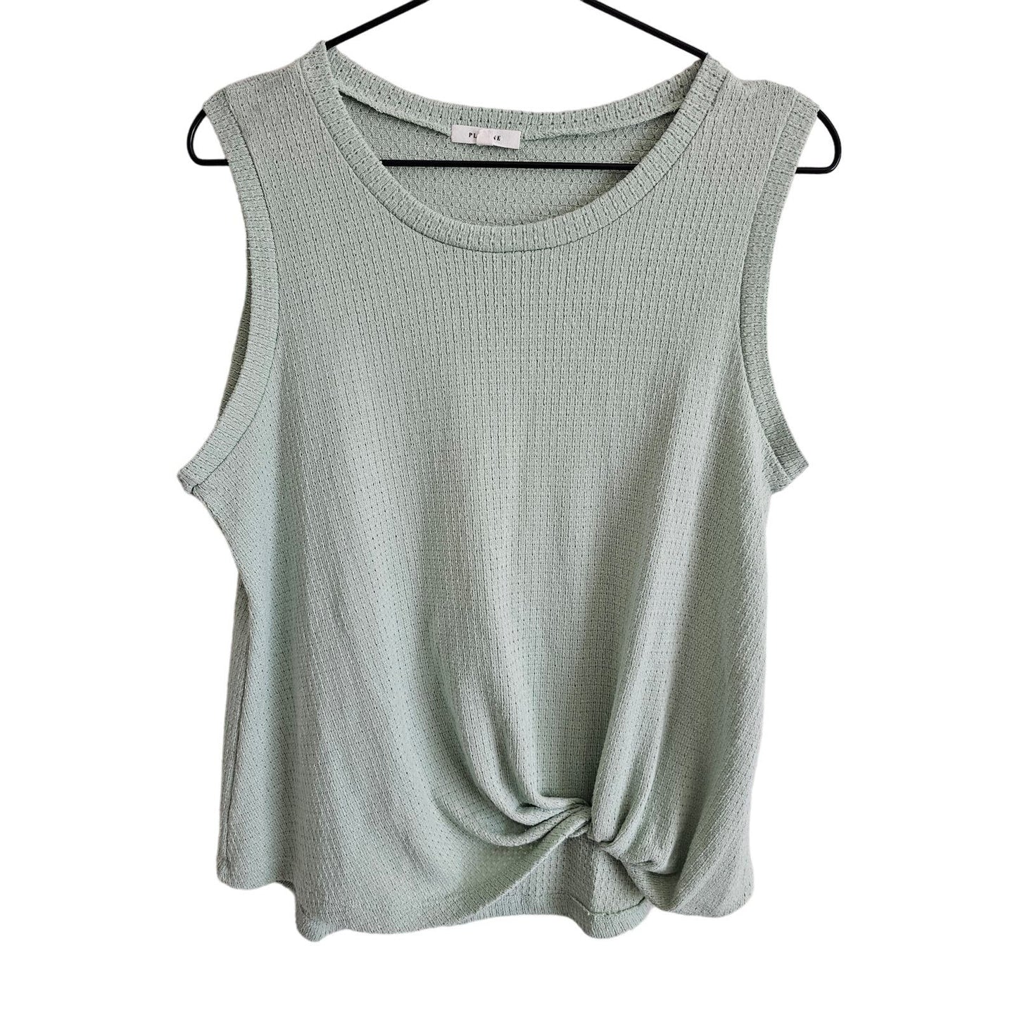 Pleione Womens Sz M Light Sage Green Knit Sleeveless Blouse Knotted Front