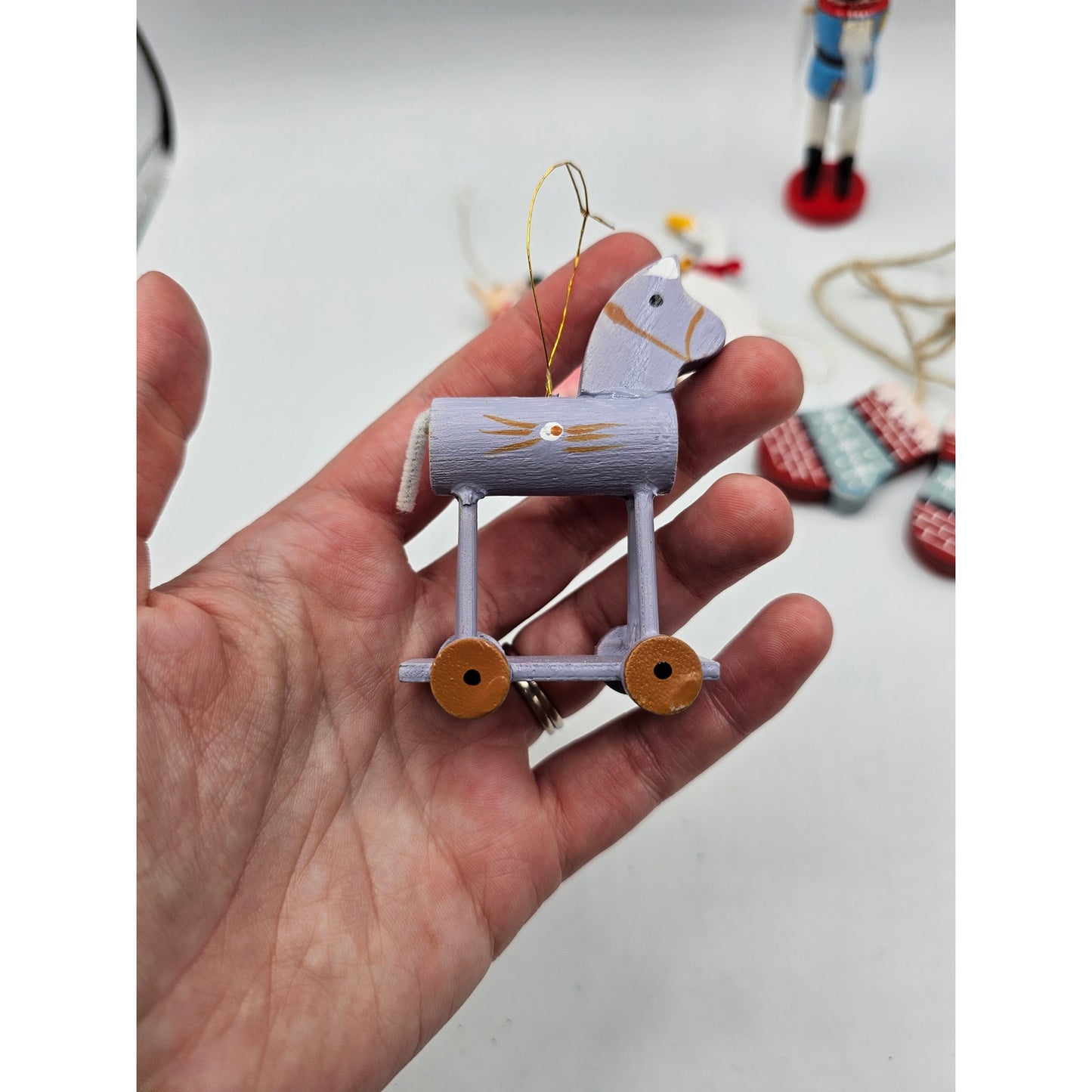 Lot of 5 Vintage Hand Painted Wooden Christas Ornaments Nutcracker Horse Goose