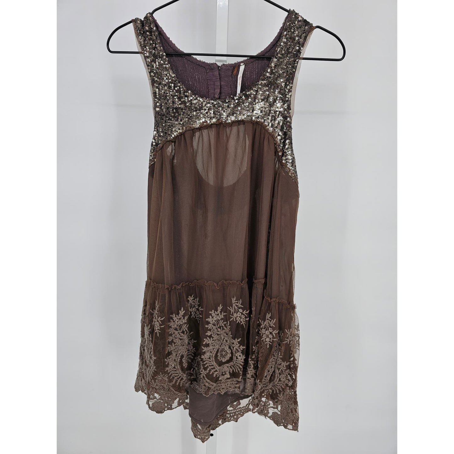 Free People Womens Sz S Mirror Mirror Tunic Dress Brown Sequin Lace Gold