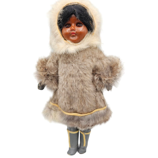 Vintage 1960s 10" Plastic Eskimo Doll In Fur Coat and Hat