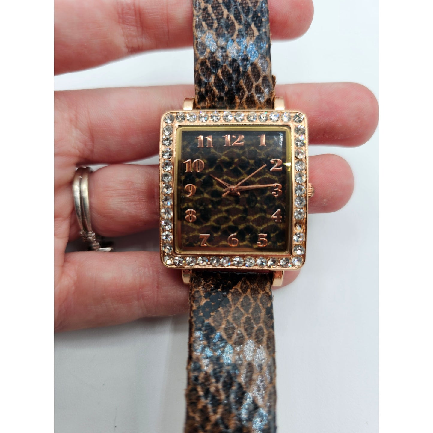 Vintage Y2K American Exchange Watch Wristwatch Faux Snakeskin Print Rhinestone