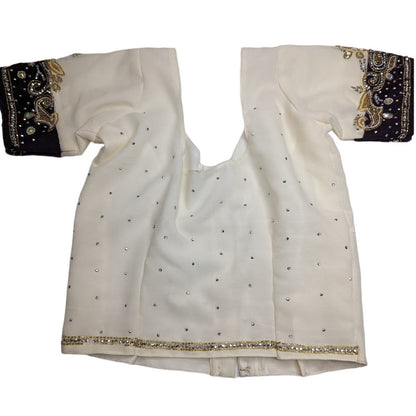 Vintage Handmade in India Womens Sz S Cropped Embroidered Cream Gold Top